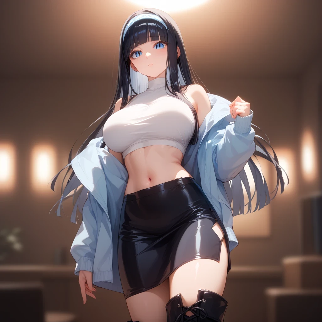 (( black hair))、(white inner hair), best quality、 ( professional lighting without shadows )、 surreal, (Nipples:0.4), is fascinating、 figure like a slender supermodel、 one girl ,, ( big breasts, Belly button exposed), ( flat at honny, beautiful skin)), (明るい and beautiful blue eyes , ((hime cut,long hair )),(down jacket, headband top, slit skirt, long boots) , ( beautiful face squinting in bright light ), character in foreground, blurred background