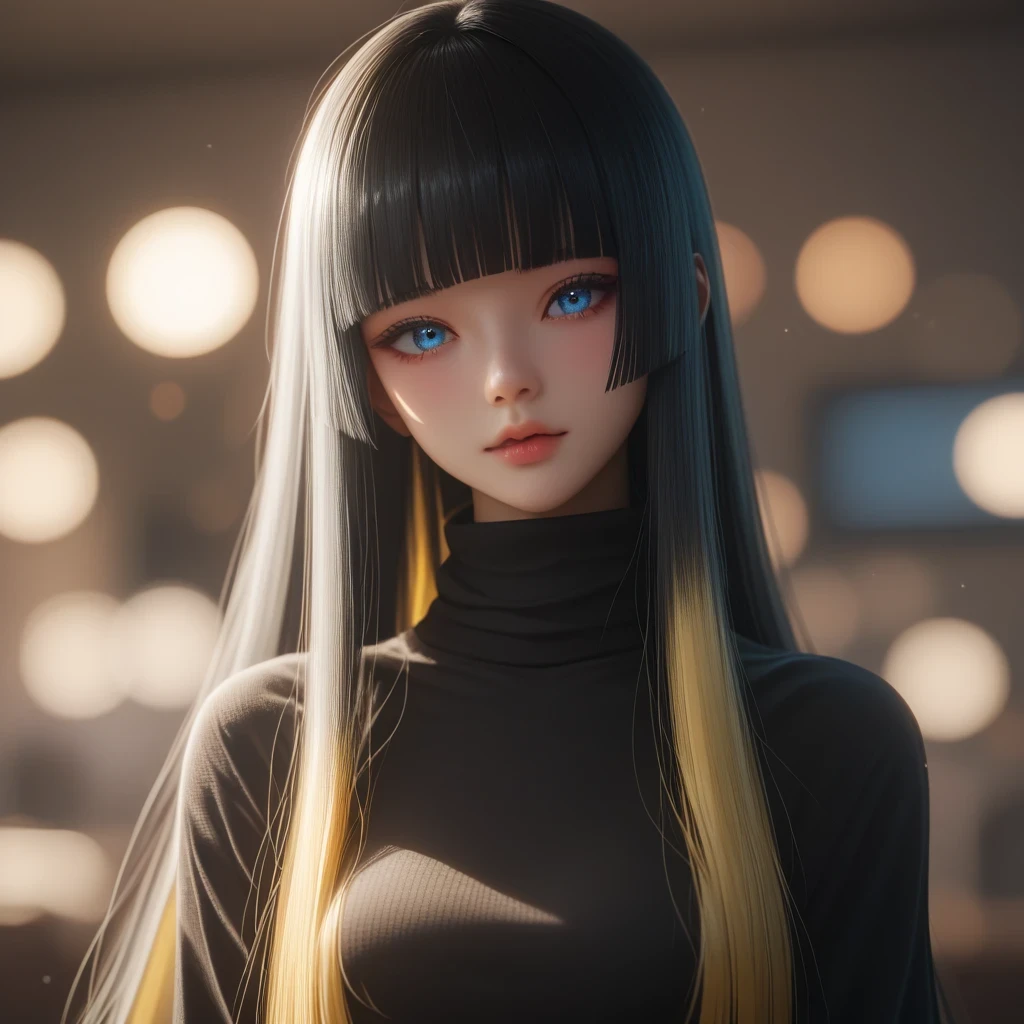 (( black hair))、(yellow inner hair), best quality 、 Masterpiece、( professional lighting without shadows )、 surreal, charming、 figure like a slender supermodel 、 One Girl , ( character in foreground, blurred background), ( medium boobs), (Bright, beautiful blue eyes , ((hime cut, long hair))),(thong , ((black tight cropped turtleneck))) , ( beautiful face squinting in bright light ), Knee High Socks