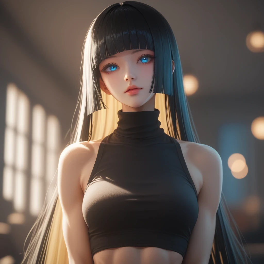 (( black hair))、(yellow inner hair), best quality 、 Masterpiece、( professional lighting without shadows )、 surreal, charming、 figure like a slender supermodel 、 One Girl , ( character in foreground, blurred background), ( medium boobs), (Bright, beautiful blue eyes , ((hime cut, long hair))),(thong , ((black tight cropped turtleneck))) , ( beautiful face squinting in bright light ), Knee High Socks
