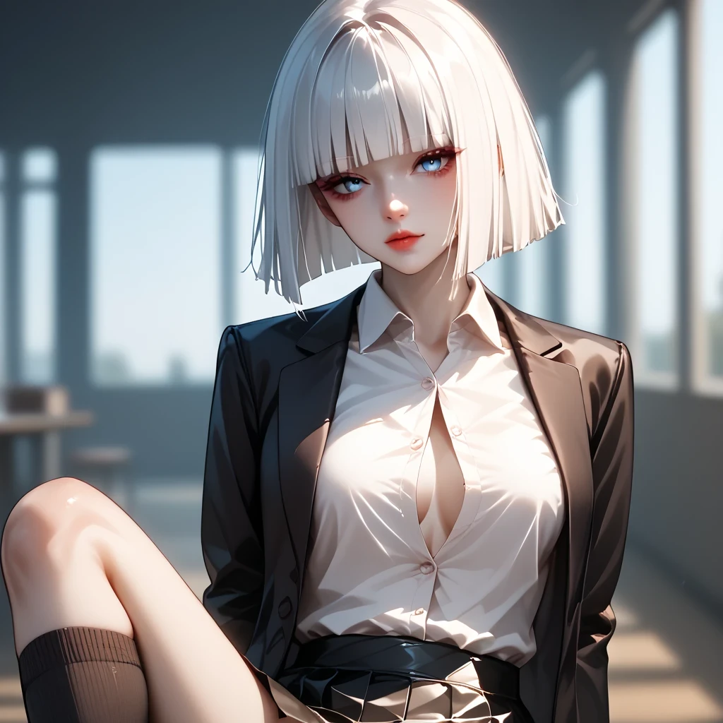 A cold and mysterious female with white hair and crimson eyes wearing a black business suit smoking on a cigar on a black couch. Anime artstyle.