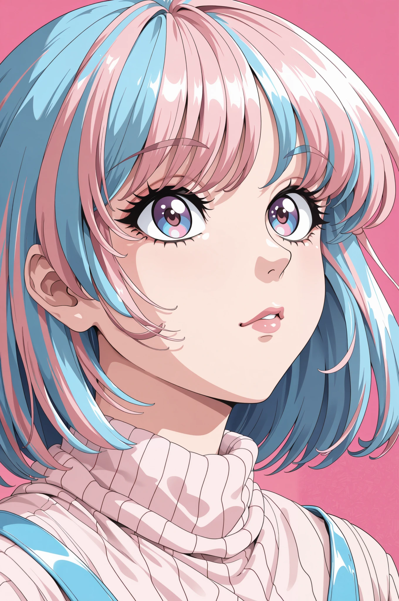(highest quality:1.2, City Pop Style, Very detailed, up to date, Vibrant, High Contrast, masterpiece:1.2, highest quality, Best aesthetics), 1woman, ((Face Up Shot:1.4)), Colorful Hair, himecut, pastel colour, 1980s style, ((Retro, Vintage, Solid color background))
