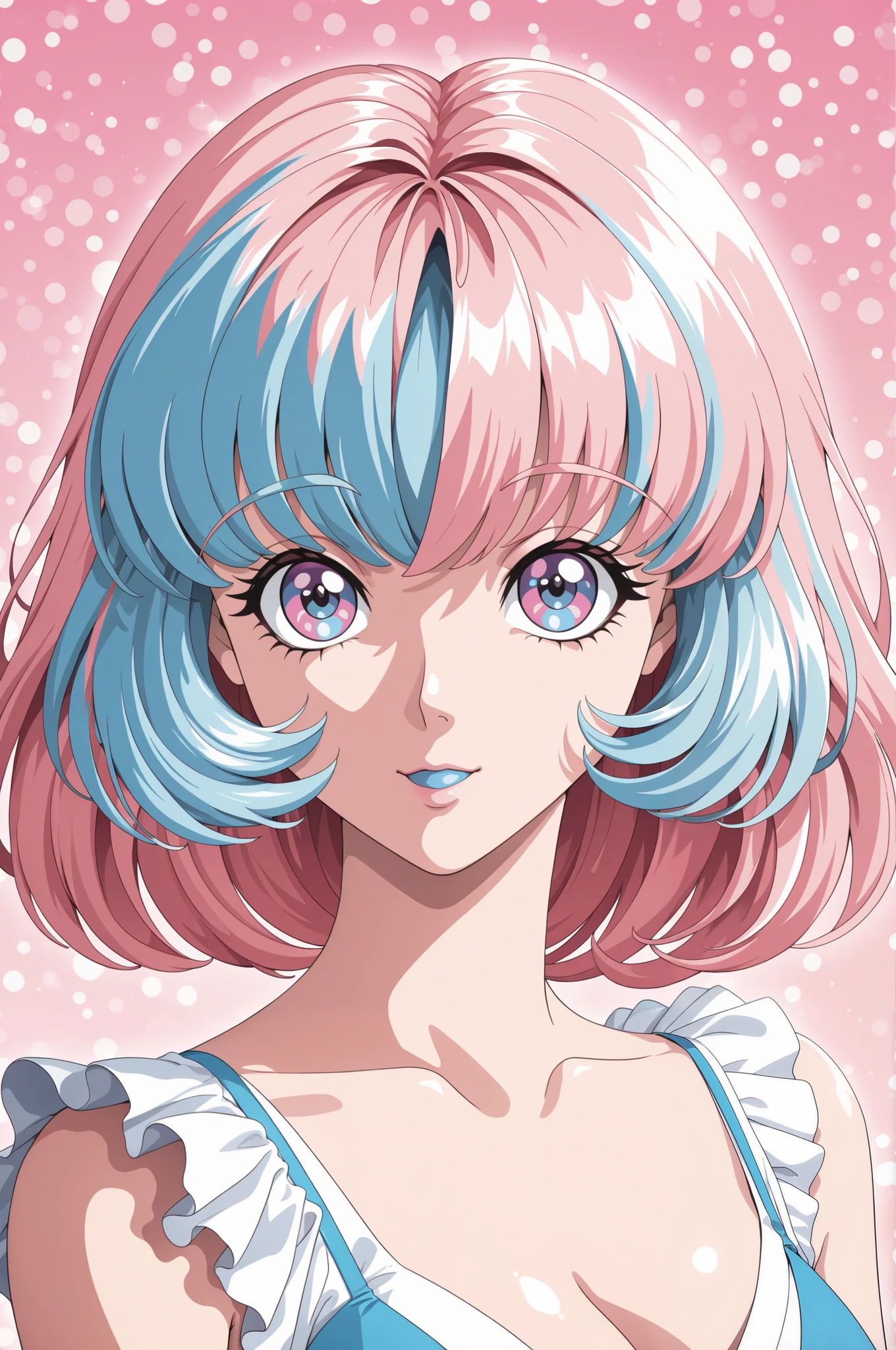 (highest quality:1.2, City Pop Style, Very detailed, up to date, Vibrant, High Contrast, masterpiece:1.2, highest quality, Best aesthetics), 1woman, ((Face Up Shot:1.4)), Colorful Hair, himecut, pastel colour, 1980s style, ((Retro, Vintage, Solid color background))