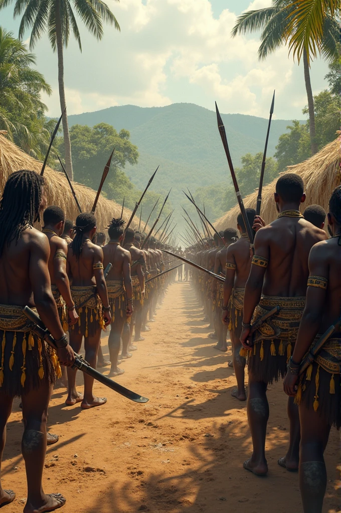 Create a captivating scene featuring the Bara warriors of Madagascar, Emblems of power and bravery. Imagine a vibrant picture of determination and courage, where these warriors stand in the bush, surrounded by majestic oxen, symboles de richesse et de prestige.

Some warriors proudly brandish spears, ancestral symbols of their valour and skill in combat. Les lances, Designed with meticulous precision, reflect their expertise in the art of war. Each warrior displays a determined posture, ready to defend its territory and its people.

Other warriors are armed with homemade rifles, A representation of adaptability and modernization while maintaining their warrior traditions. Rifles are witnesses of their evolution over time, without losing the legacy of their warlike past.

L'environnement qui les entoure est la brousse typique de Madagascar, with lush vegetation and green hills in the background. The sun breaks through the foliage, creating plays of light and shadow on warriors and their weapons.

The atmosphere of the stage should exude determination, Unity and pride, capturant l'esprit guerrier indomptable des Bara, ready to face any challenge that comes their way