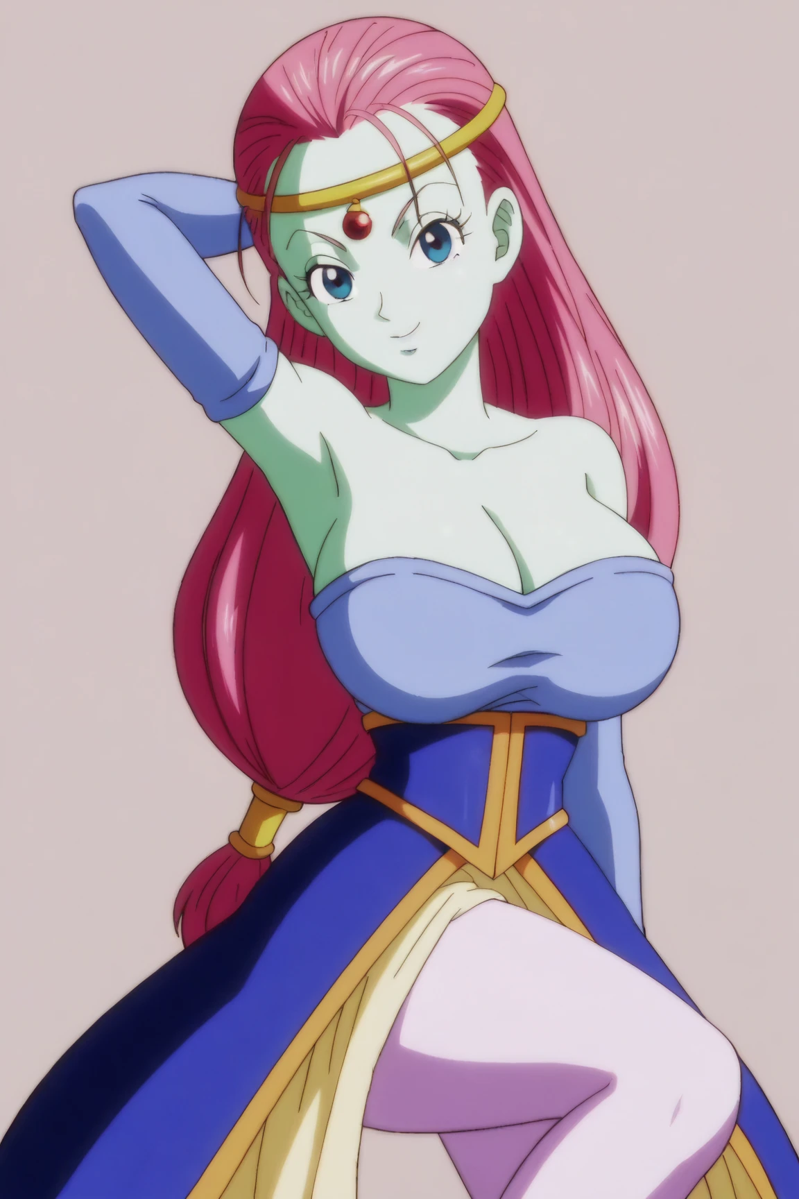 caway, 1girl, solo, long hair, raised eyebrows, v-shaped eyebrows, eyelashes, breasts, looking at viewer, smile, blue eyes, detached sleeves, collarbone, strapless, dress, blue dress, cleavage, bare shoulders, medium breasts, skirt, yellow skirt, gold headwear, standing, full body, pink hair, purple legwear, outdoors, sky, day, cloud, high heels, black footwear, knee up, from above, colored skin, green skin, selfie, grass, low-tied long hair, circlet, pantyhose,
<lora:Caway-000012:0.7>
