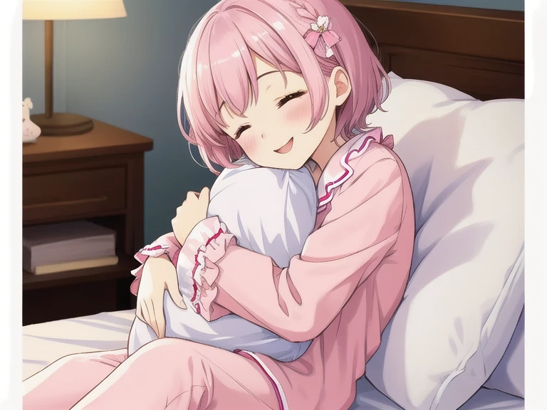 (masterpiece, best quality), 1girl, Size H breasts,Pastel Peach Mohawk Ponytail, <lora:girlliketrainroomette:1> train roomette, bunk bed, big window, wooden wall, sleeping, pajamas,  <lora:ScaredToSleepAlone:1> scared to sleep alone