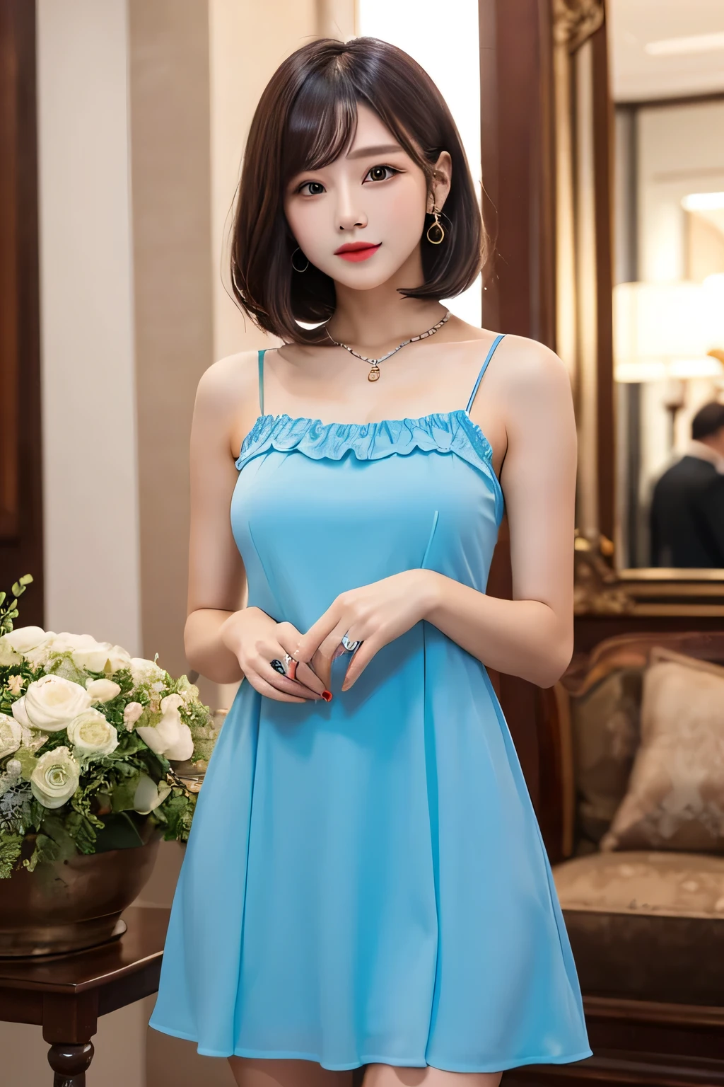 ((Cross your arms in front of your body、Wear a shoulder bag with a thin shoulder strap across your body))、(Blue sleeveless dress、Tight clothing)、Cute Japanese Woman、21 years old、Young girl、Mid-chest