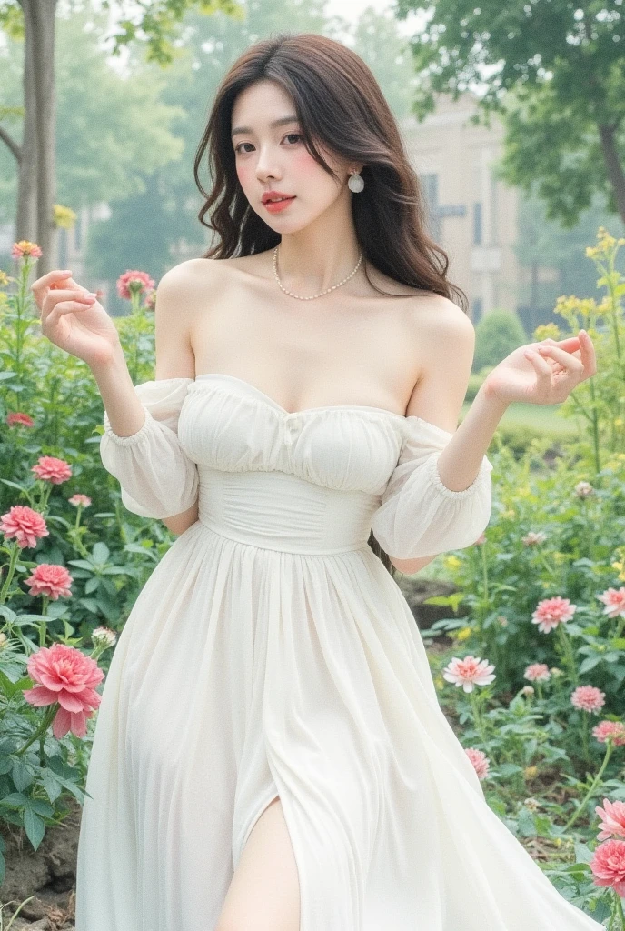 (best quality,highres,ultra-detailed),a woman in a flower field,wearing a white dress,(beautiful, detailed) eyes, (beautiful,detailed) lips, (extremely, detailed) face, (long, eyelashes), voluptuous woman, tight-fitting dress, (lush, vibrant) flowers, (soft, gentle) sunlight, (dreamy, ethereal) atmosphere, (light, breezy) summer, (serene, peaceful) expression, flowing dress, (graceful, elegant) posture, (colorful, blooming) garden, (harmonious, tranquil) surroundings.