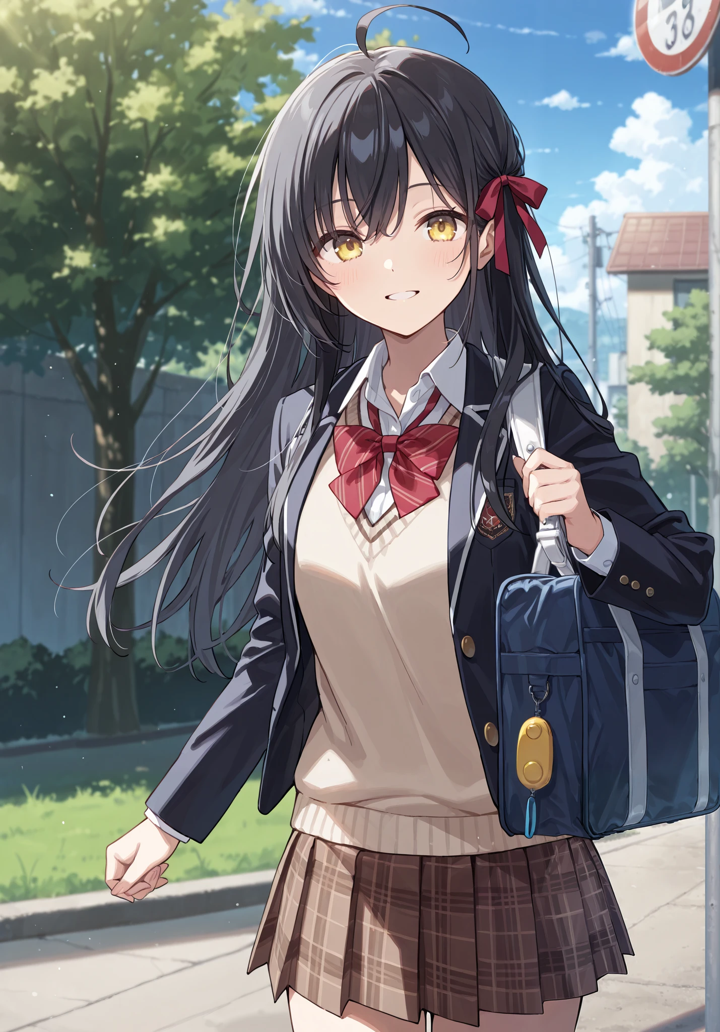 (masterpiece, best quality:1.0), highly detailed, detail, 1girl , black hair, (black hair:1.2), long hair, hair ribbon, ahoge, yellow eyes, UNiform, red bowtie, collared shirt, sweater vest, blazer, black blazer, opened jacket, long sleeves, plaid skirt, brown skirt, outdoor, smile, standing, cowboy shot, carries school bags, crime prevention buzzer