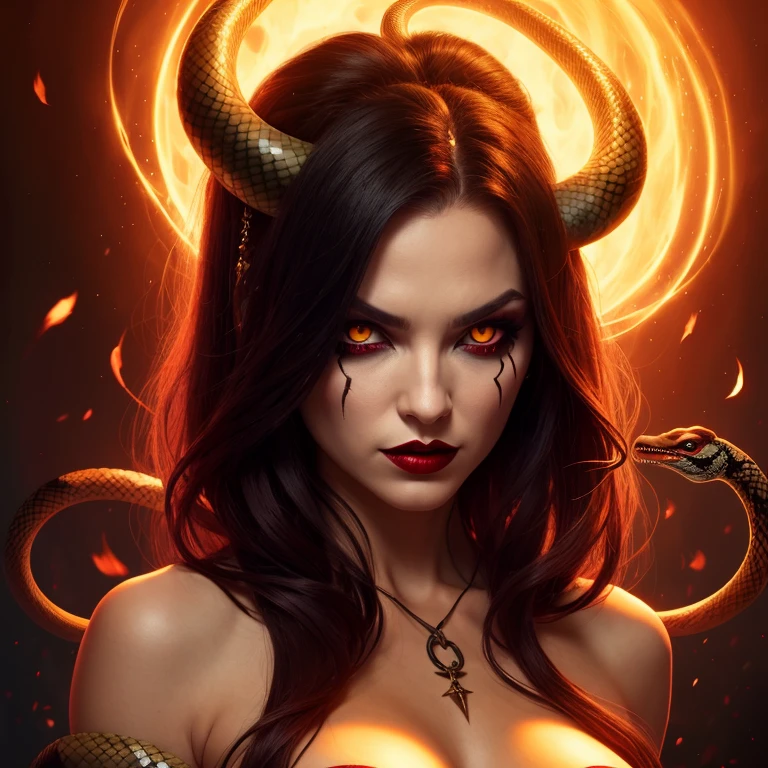 Evil demoness with a head of snake, snakes in her hair, yellow eyes