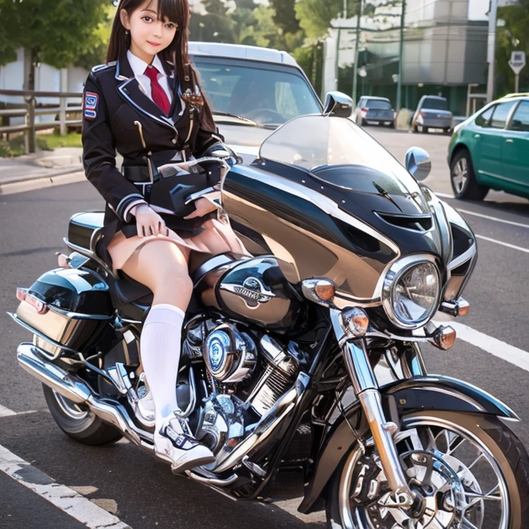 Cute age girl in uniform、(​masterpiece、top-quality:1.2)、超A high resolution、(Photorealsitic:1.4)、Detailed skin、lighting like a movie、friendly、intelligent、Conversational Engaging、happiness、cordial、Energetic、jolly、Created、Glowing eyes and infectious smile、motor cycle