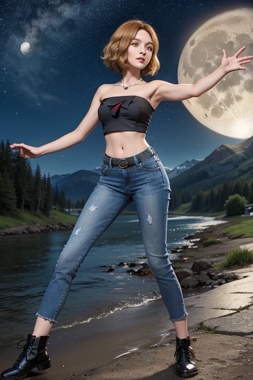 20 year old beautiful woman, sxfrances, short hair, orange hair, green eyes, freckles, smile, short blue jean skirt, fishnet stockings, lace bra top, mountain, moon, (night:1.5), looking at viewer