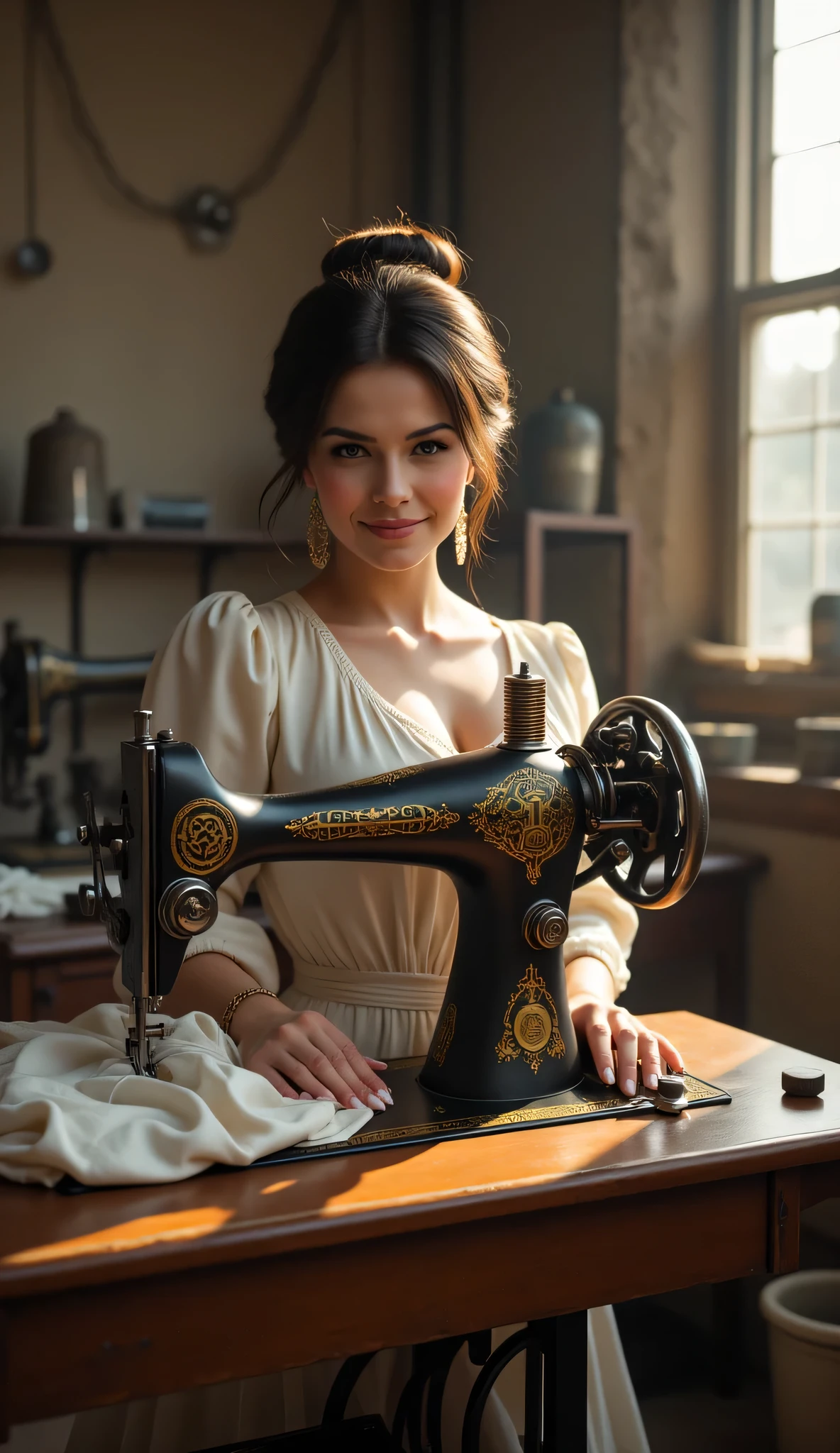 (19th century era),(far distance scenery angle), A hyper-realistic scenery image shot of a 19th century beautifully female tailor knitting cloth on a sewing machine, a tailor. The beautifully tailor is depicted in a full body angle view, showcasing her lively, lusciously vivacious, and shapely body. She is wearing a realistic 19th century long dress, working in front of an intricately Sewing knitting Machine, knitting a cloth. The scene includes a well-rounded female tailor, operating realistic intricately big size sewing machine on the big table in the front, and smiling. The background features industrial revolution textile factory with central leading lines, creating a sense of depth on ultra-wide angle scenery. The image has UHD ambience, with a zoomed-out perspective, realistic textures, soft lighting, and an ultra wide wide-angle. The female's hands are accurately detailed with full human finger anatomy, and her hair is shiny and lifelike. The overall style is reminiscent of Far Cry 5 game artwork, with additional details and body fixes applied. The combination of influenced of SteamPunkAi Artwork.