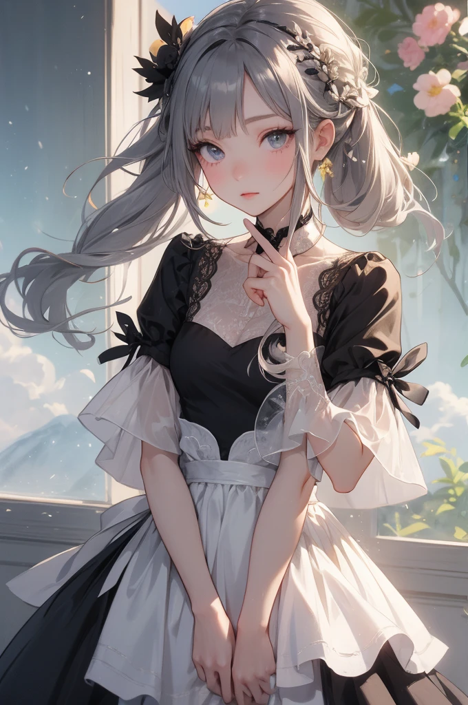 1girl, black dress, white hair