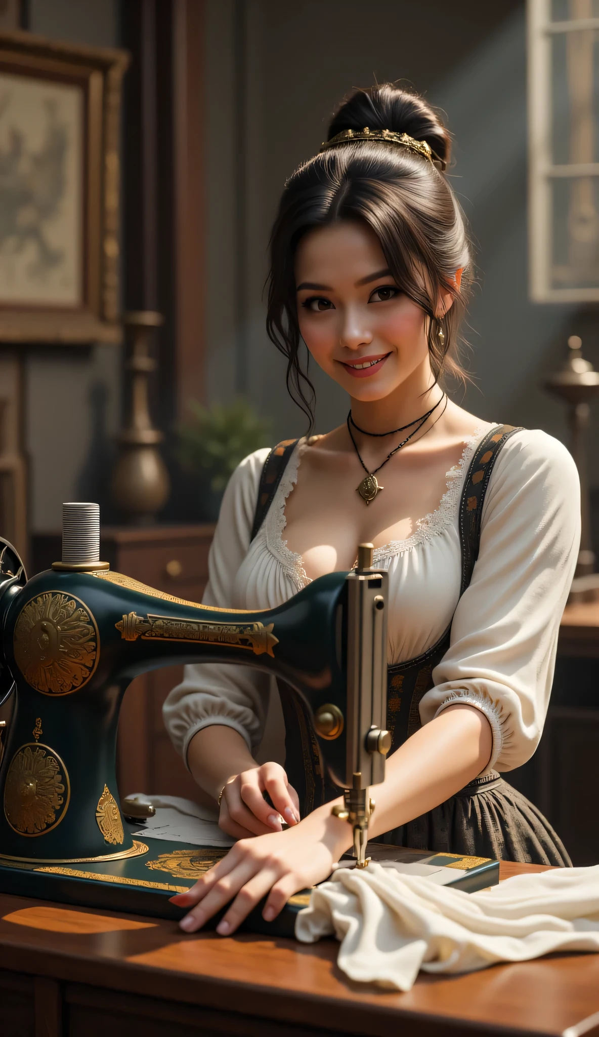 (19th century era),(far distance scenery angle), A hyper-realistic scenery image shot of a 19th century beautifully female tailor knitting cloth on a sewing machine, a tailor. The beautifully tailor is depicted in a full body angle view, showcasing her lively, lusciously vivacious, and shapely body. She is wearing a realistic 19th century long dress, working in front of an intricately Sewing knitting Machine, knitting a cloth. The scene includes a well-rounded female tailor, operating realistic intricately big size sewing machine on the big table in the front, and smiling. The background features industrial revolution textile factory with central leading lines, creating a sense of depth on ultra-wide angle scenery. The image has UHD ambience, with a zoomed-out perspective, realistic textures, soft lighting, and an ultra wide wide-angle. The female's hands are accurately detailed with full human finger anatomy, and her hair is shiny and lifelike. The overall style is reminiscent of Far Cry 5 game artwork, with additional details and body fixes applied. The combination of influenced of SteamPunkAi Artwork.