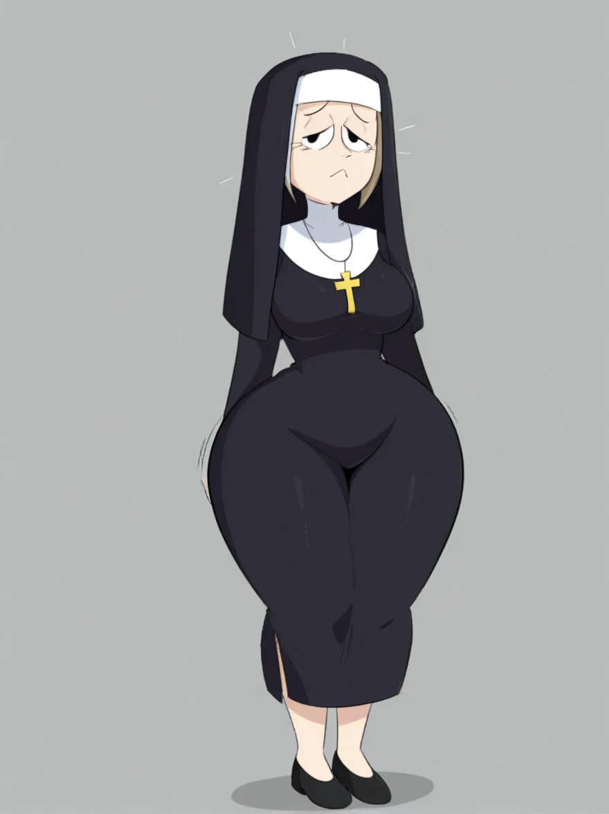 a woman nun sect sexy beautiful big breast beauty skin pink short pink hair disheveled her black eye yellow pupil dresses black nun and a short dark green skirt pair white socks long black shoe