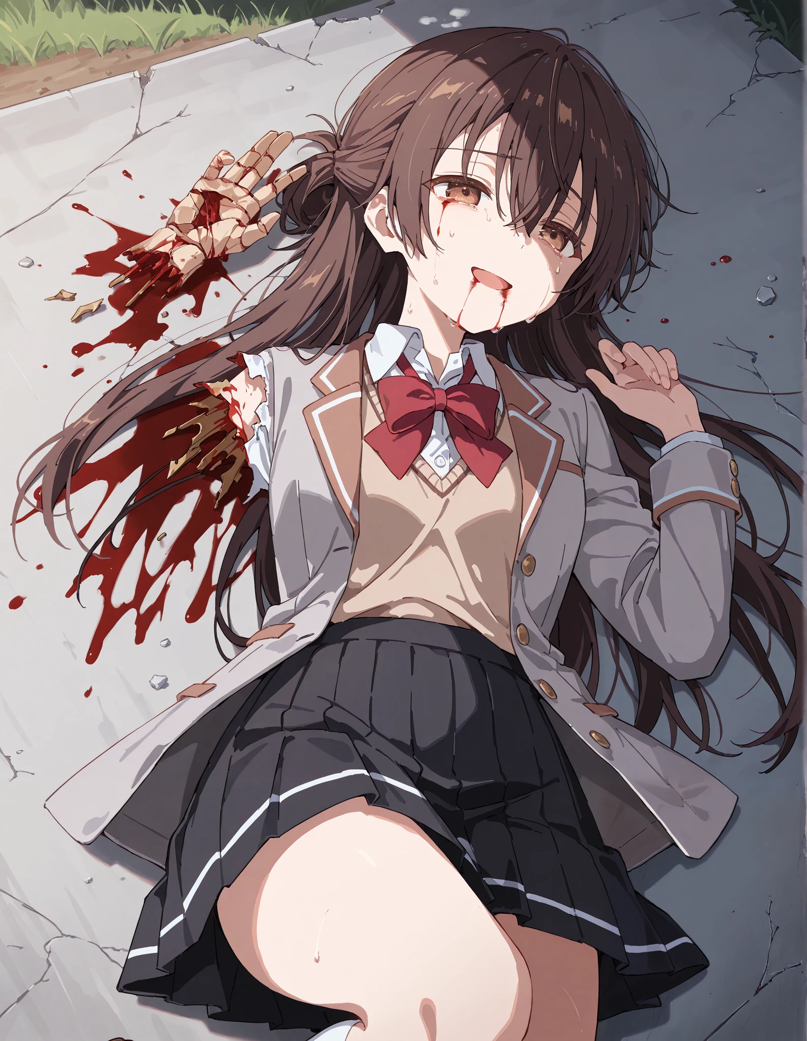 Masterpiece, hd, best quality, 1girl, opened mouth, sad, sweating, long hair, updo, Yuki suou,  brown hair, hair between eyes, brown eyes, school uniform, grey jacket, long sleeves, open jacket, buttons, white shirt, collared shirt, red bowtie, brown sweater vest, black skirt, outdoor,  smile, lying, lying on ground, gore, gorecore, violence, dead, blood, blood on eyes, blood on mouth, broken hands, (broken hands:1.2), stumped hands, cowboy shot, fullbody, white socks, brown shoes 