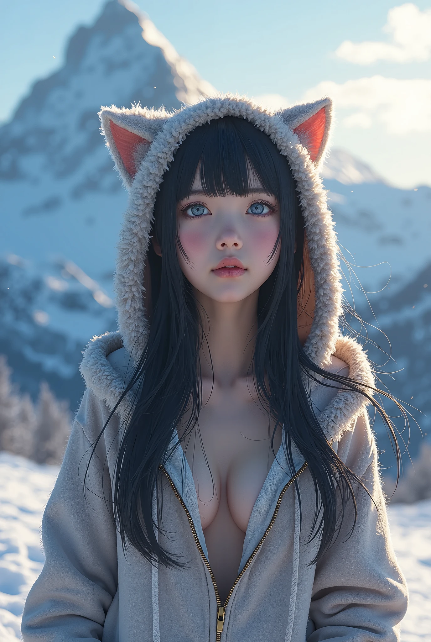 Highest quality, 4K, masterpiece, art, anthropomorphic white fox, not human, Not a man, not human face, Correct Anatomy, Correct finger, white wool, white clothes, jeans (white), Jacket (white), fursona art, Incredibly large breasts (Covered), simple white background, white white, Green Eyes, Cunning look