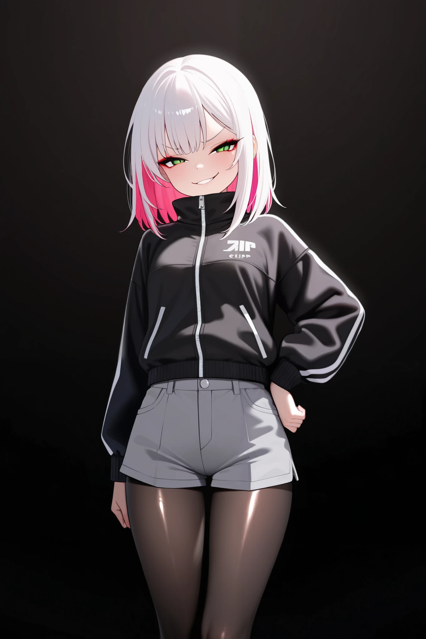 masterpiece, best quality, highres, bbmimi, short hair, grey hair, streaked hair, braid, x hair ornament, thick eyebrows, choker, white hoodie, hood down, long sleeves, midriff, black shorts, thigh strap, fishnet pantyhose, <lora:tosaki_mimi_v1:0.7>, standing, cowboy shot, street,