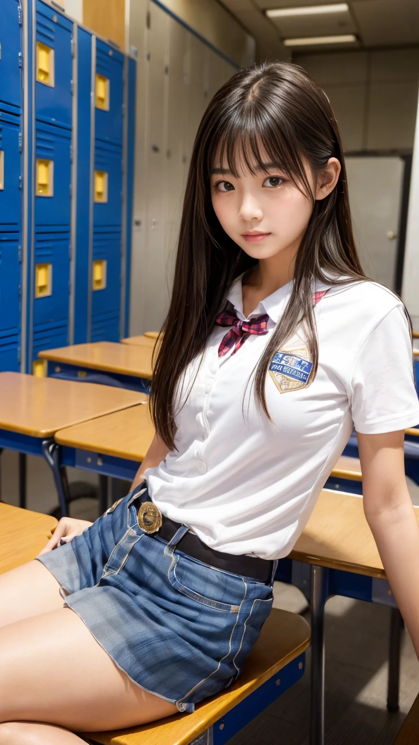 (masterpiece, highest quality:1.2), 8k, Young and beautiful girl, 85mm,Official AR RAW Photos, Baby Face, Small Breasts, Show me your ears, photo shoot, full-body shot, Cute face, Thighs, in the classroom, Looking at the audience, Embarrassing, smile, No makeup, chromatic aberration, Sharp focus, Face Light, 10 generations, Detailed face, ((((((14-year-old high school girl)))))), Narrow waist, Sailor suit, open suit, Dark blue tie, Navy black mini skirt, shows white bra, children's bikinis, show white tiny panties,Streaks