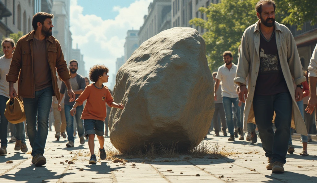 A trying to move a big rock which is 100 times bigger than his size