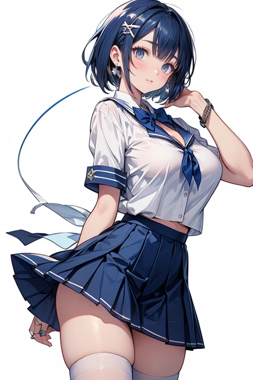 18-year-old,shiny navy hair,short hair,Parted bangs,Yellow Eyes,Large Breasts,Small waist,Big Ass, , See-through sailor suit,Navy blue mini skirt,Black underwear, ,Honor student