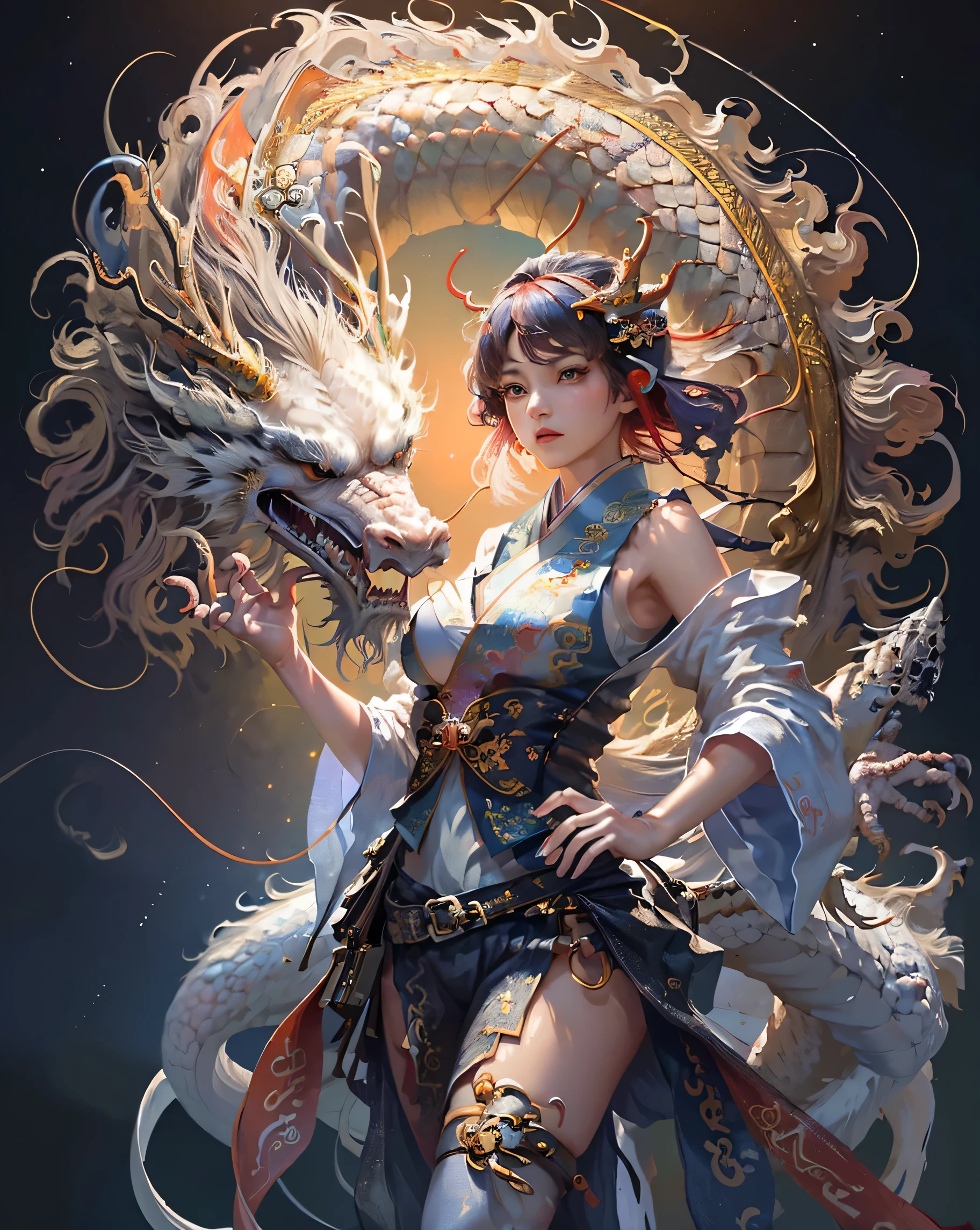 Official Art, Unified 8K Wallpapers, Ultra Detailed, Beautiful and Aesthetic, Masterpiece, Best Quality, (Zentangle, Tangle, Entangle), (fractal art: 1.4), 1girl, black hair, Chinese, bare shoulders, short skirt, calf, navel, very detailed, dynamic angle, cowboyshot, (most beautiful form chaos), flowing, (bright colors), oc, (half: 1.2), china, (thangka flying sky: 1.5), (ribbon: 1.3), (dream: 1.5), (hanfu: 1.5), Chinese dragon, Chinese phoenix, (smile: 0.5), (Chinese deity),