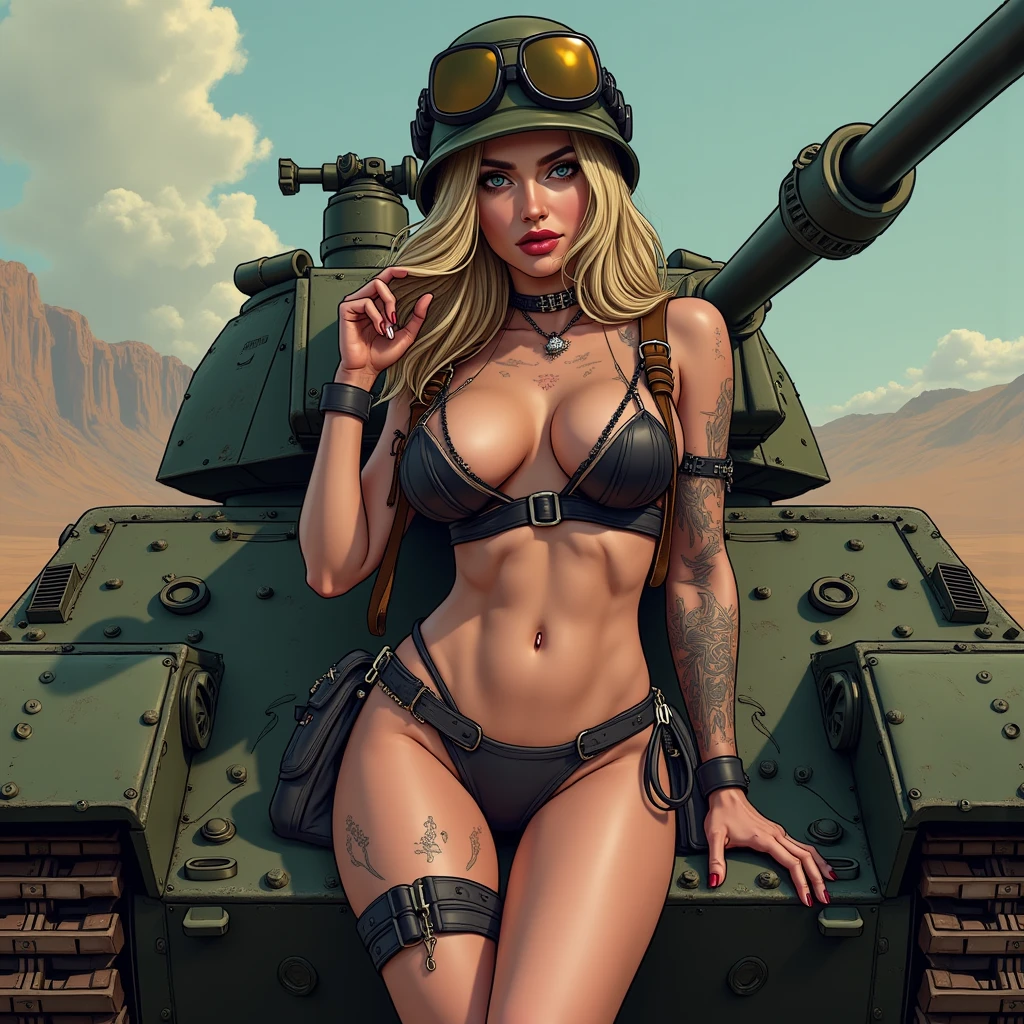(masterpiece, top quality, best quality, official art, beautiful and aesthetic:1.2), (1girl:1.3), black hair victory curls, vintage 1940's American hairstyle, extremely detailed, portrait, looking at viewer, solo, (full body:0.6), detailed background, close up, vintage makeup, retro style, (warm summer military base theme:1.1), pinup girl, elegant face, long face, charlatan, smirk, mysterious, posing on top of a tank, patriotic costume, star spangled costume, high heels, legs, M4 Sherman tank, WWII tank, armored vehicle, (((( small b breast )))), toned, slim waist, slim hips, long legs, muscular legs, historical (WW2 army base exterior:1.1) background, dark mysterious lighting, shadows, magical atmosphere, dutch angle