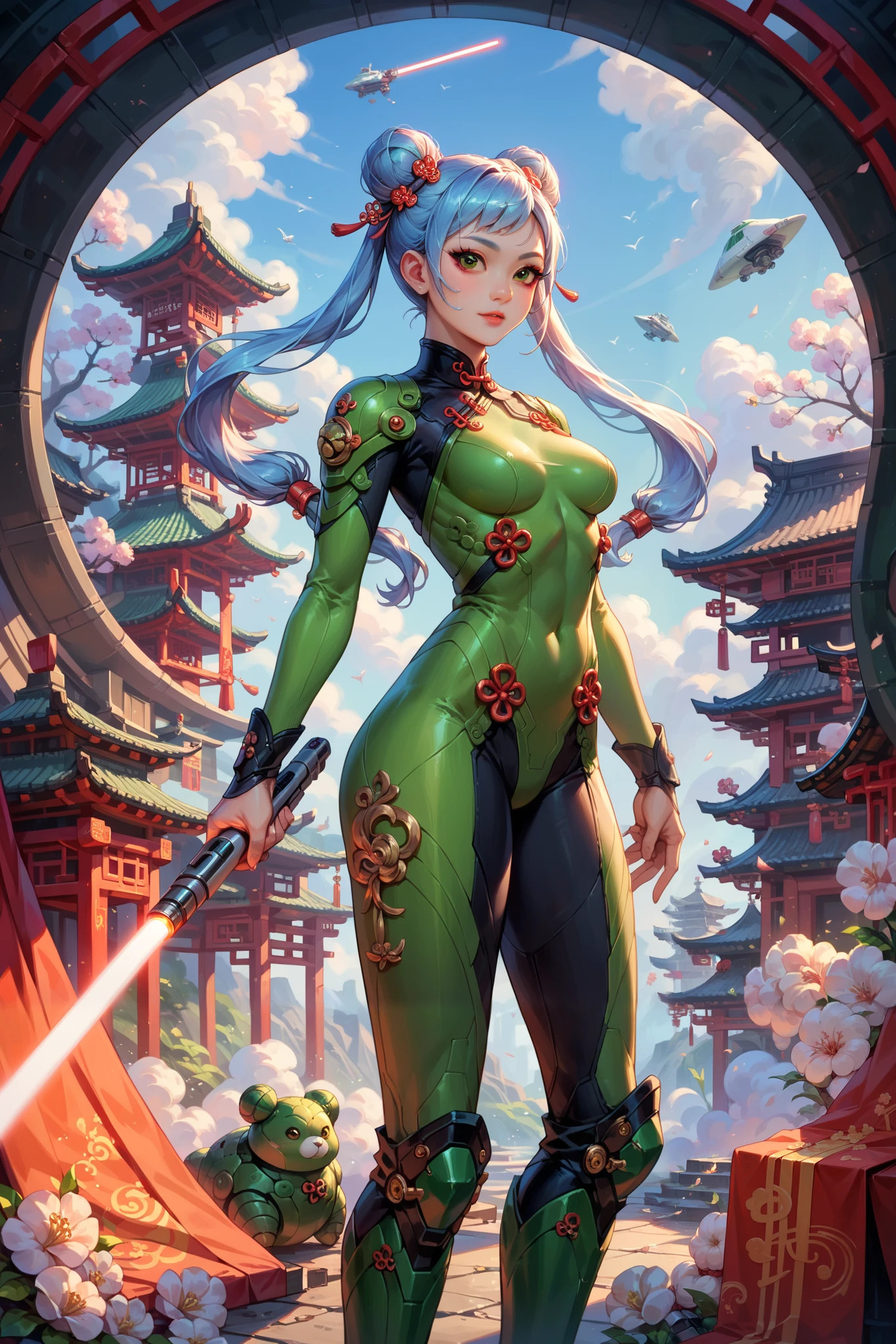 Best quality, beautiful (Asian:2) woman, light blue hair,pigtails, Chinese hair buns and ornaments, Green eyes,Colossal ,White Cybersuit,Bodysuits, battle boots, holding lightsaber, spaceship at the background in the space