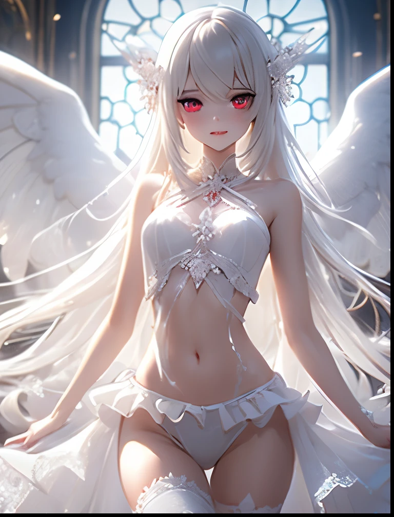 1girl, (masterpiece), best quality, expressive eyes, perfect face, anime - style image of a woman in a white dress with a crown on her head, detailed cosmic angelic, white wings, detailed wings, extremely detailed goddess shot, amethyst jewelry, ((white thigh strap with jewelry)), detailed white, detailed, white royal dress, small breast, cute detailed artwork, ((silver hair)), purple eyes, angelic purity, high detail skin, goddess