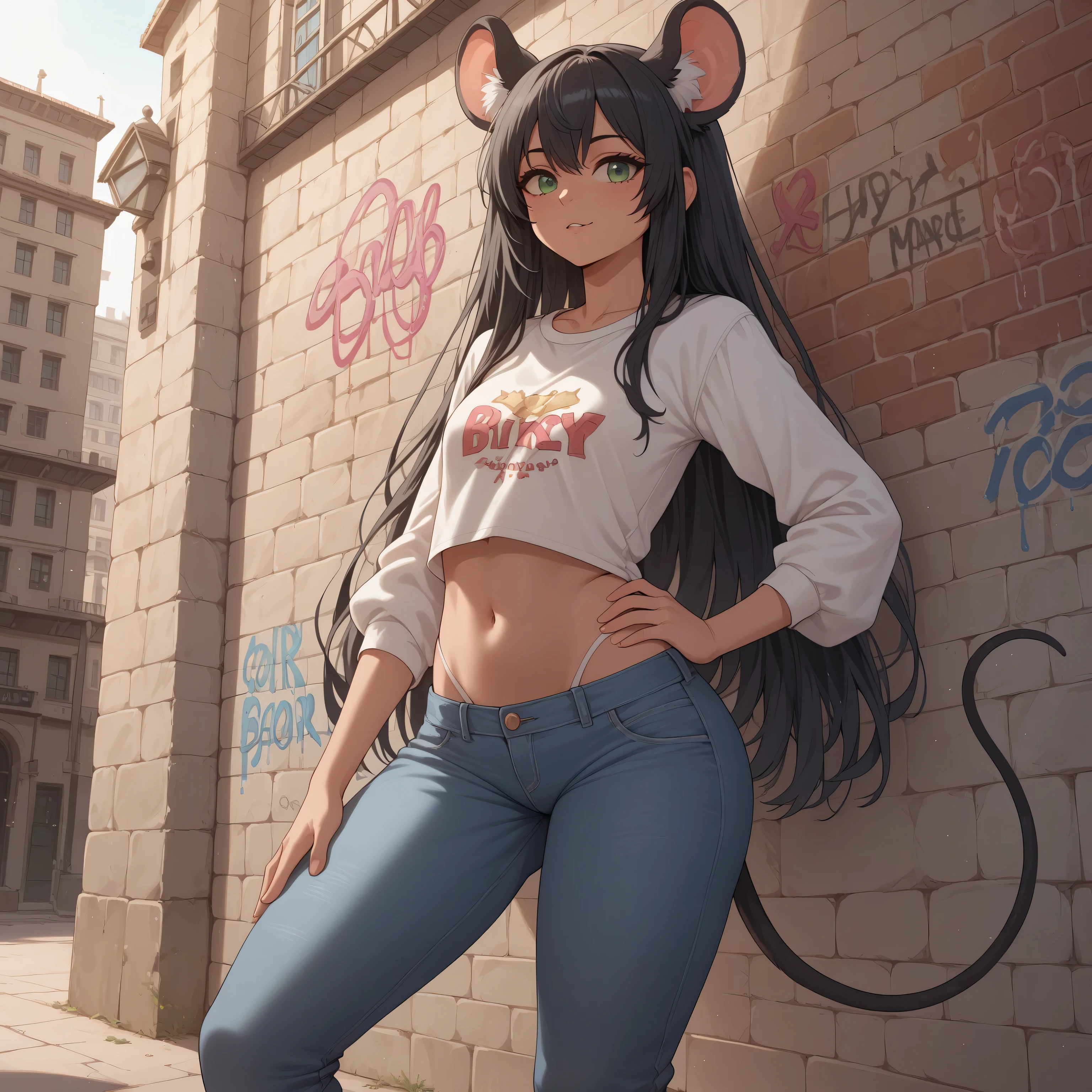 solo, sly smile, very long disheveled brown hair with a dark purple tint, Young girl, perfect brown eyes, expressive eyes, looking at viewer, 8k wallpaper, perfect lighting, masterpiece, (Beautiful small Breasts:1.2), (slender girl), (on the street in small town:1.3), summer day, band on the head in the form of cat ears, denim low-waist microshort, loose cropped t-shirt with open shoulders and big neckline, parororo, ariawm, full body shot, very long strand of hair hangs curls down between the eyes