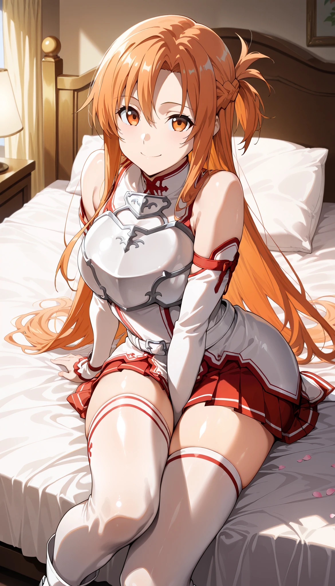 score_9, score_8_up, score_7_up, score_6_up, score_5_up, score_4_up,source_anime,clip skip:2,(masterpiece:1.3), vivid color, (extremely detailed CG unity 8k wallpaper),top quality , amazing quality, high resolution, Absurd, very aesthetic, (ultra detail), perfect detail, One Girl , 24 years old, bangs, beautiful hair,shiny hair,,Yuuki Asuna、(Crown Half Up:1.2),(lighr orange hair:1.3), Slim waist, orange eyes , Bare shoulders, long hair,(large Breasts:1.3), smile, Beautiful bedroom,White sheets,White pillow, Aesthetic anime eyes,pinup,hand between legs, white thighhighs, red skirt, breastplate, white armor, bare shoulders, detached sleeves, pleated skirt, miniskirt, white sleeves, zettai ryouiki, white belt, white dress, long sleeves, white footwear
