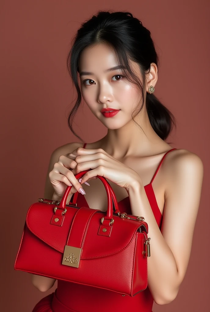 A beautiful Thai woman wearing a red suit, holding a miniature house in her hand, as if she's trying to stuff it into her mouth. The image is incredibly realistic with high detail.