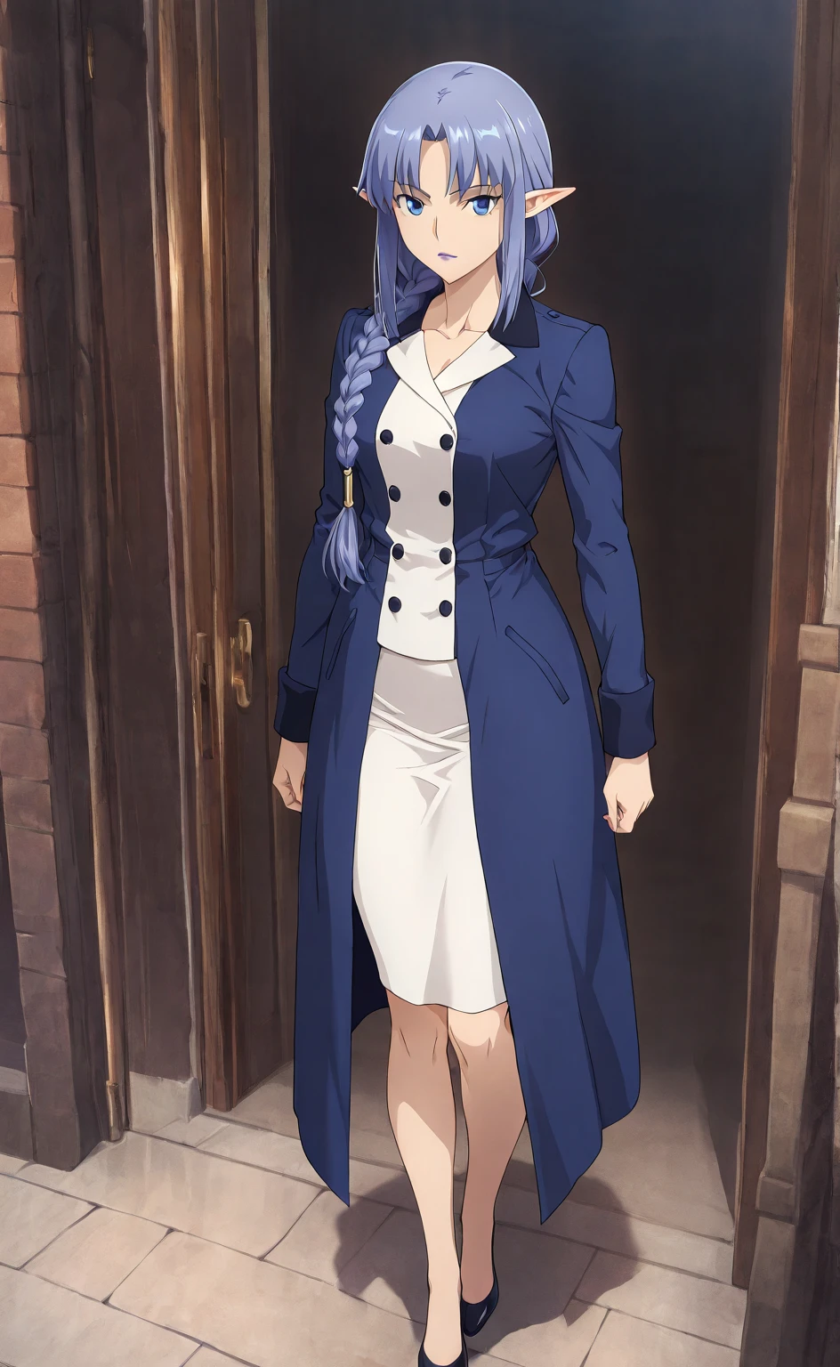 noi, nun, big breast,white boots, pants,cloak, musclegirl, walking, smile, long hair, catedral, vest, portrait