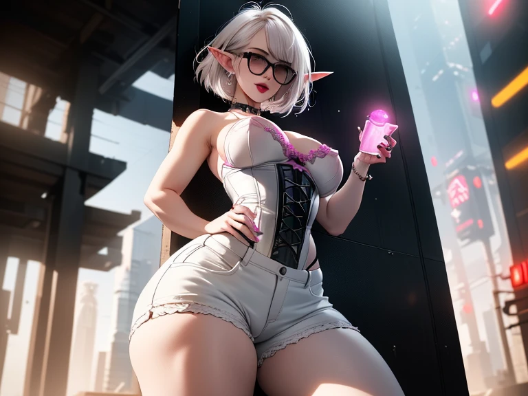 1 elf girl,  (pale skin:1), thigh thicks, (por aromasensei:1.1), melhor qualidade, 8k, anime style, huge eye, dentro do quarto, cama, whole body,  piso de madeira, (facing the camera:1.2), standing,  hand behind head, pose sensual, (sfw:1.2), short hair, (bikini1.3), curvy , huge tits, flacid, corpo grosso