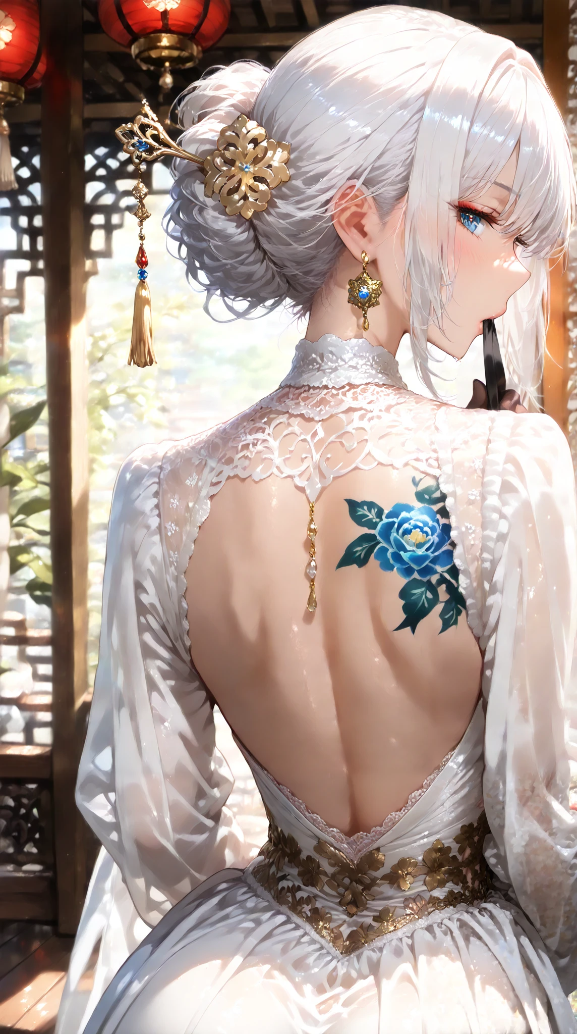 score_9, score_8_up, score_7_up,
sharp focus, female focus, jewelry, , (masterpiece:1.2), (best quality:1.2), (very aesthetic:1.2), (absurdres:1.2), (detailed background),perfect anatomy ,white hair, ,anime,closeup, (upper body:1.5),
A stunning artistic portrait of a woman in traditional yet sensual attire. The woman is painted from the side with her back slightly turned to the side, and her intricately patterned goldwork-like garment extends across her upper back and down. Her elaborate hairstyle is adorned with golden hairpins adorned with delicate floral patterns and accompanied by red tassels and ornaments. Illuminated by the warm light of a traditional red lantern, she exudes intimacy and elegance. She is partially wrapped in a long, luxurious red silk wedding gown embroidered with golden floral patterns, draped to reveal a glimpse of intricate, lace-like fabric down her bare back and waistline. Her expression is seductive, her delicate makeup accentuates her soft features, and her delicate fingers hold thin, elegant pipes. The background suggests traditional wooden architecture, adding depth and cultural richness to the scene. The lighting captures the texture of the silk and the intricate detail of her tattoos, adding richness and immersion to the composition.,Back,backwards,profile, masterpiece, vibrant colors ,beautifull background, best quality, ultra-detailed, detailed scenery, cinematic effect