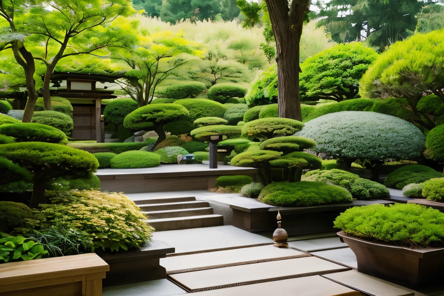a black tiled roof house, a wooden ceiling, luxury style, a large deck, a bonsai tree in the deck, realistic, professional, vivid colors, soft lighting, detailed trees, a colorful garden, a gentle breeze, vibrant hues
