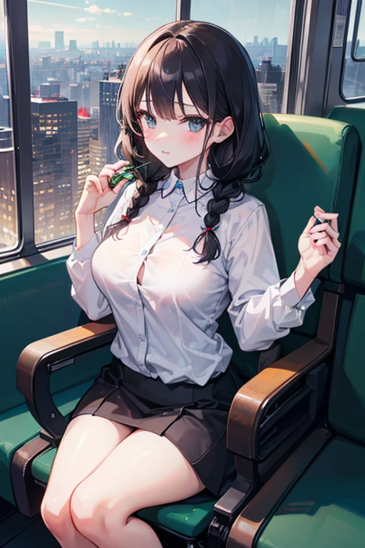1lady solo, (sitting on train seat), (crossed legs), (stylish outfit), mature female, /(black hair/) bangs, light smile, (masterpiece best quality:1.2) delicate illustration ultra-detailed, large breasts, sweaty BREAK (reading magazine) BREAK (train indoors), window landscape, food, detailed background