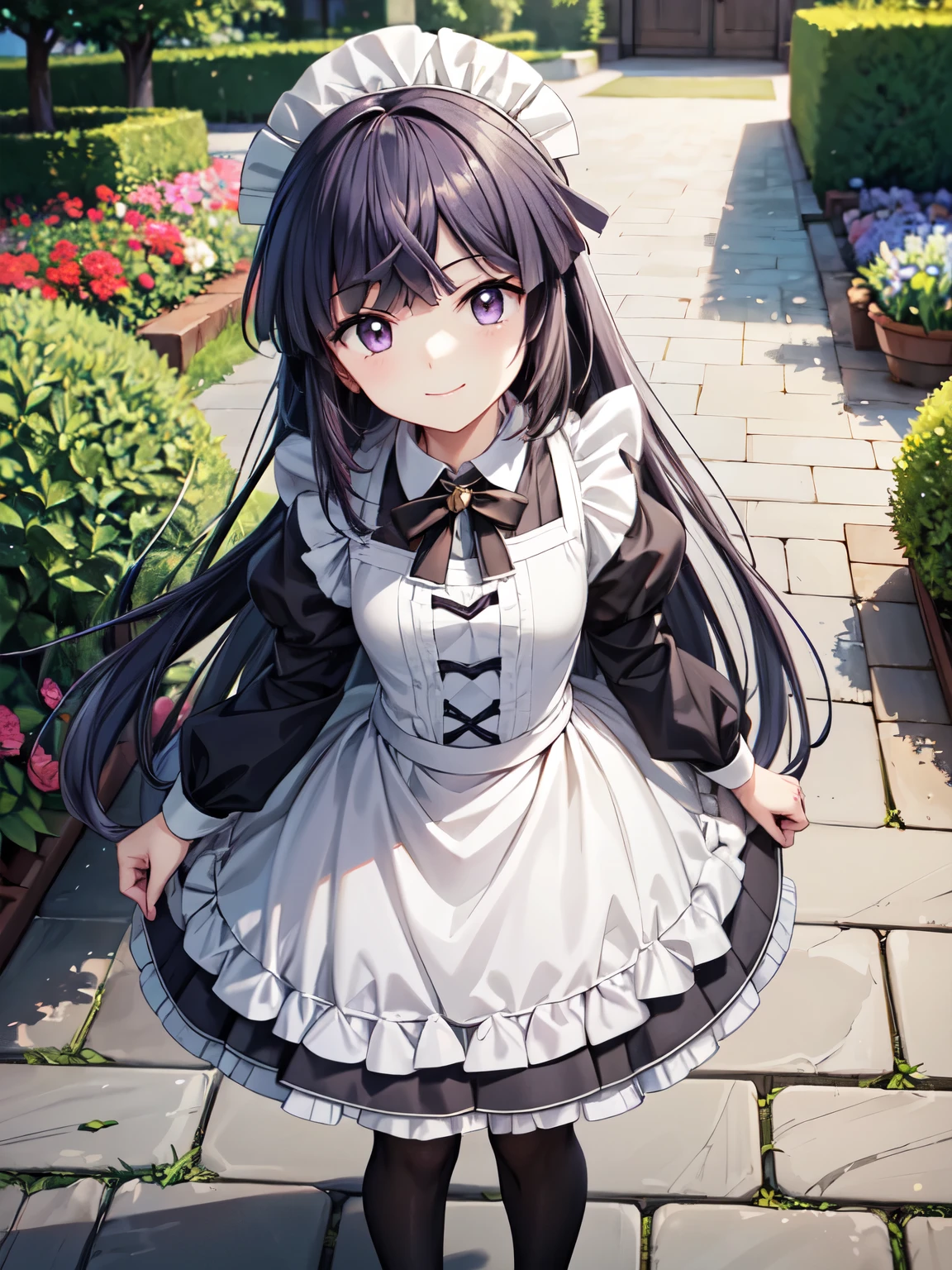   very detailed,   high resolution ,[8K images:1.15],garden、全体的に long hair、 Closed Mouth、  in the seat, smile, dawn_ log horizon,  Standing、garden、victorian maid 、 long hair,    black hair 、 charming eyes, whole body, smile, extremely detailed CG、  high resolution 、超 high resolution ,   (Genuine、 is presentな、 is present)、(   anime illustration style )、
