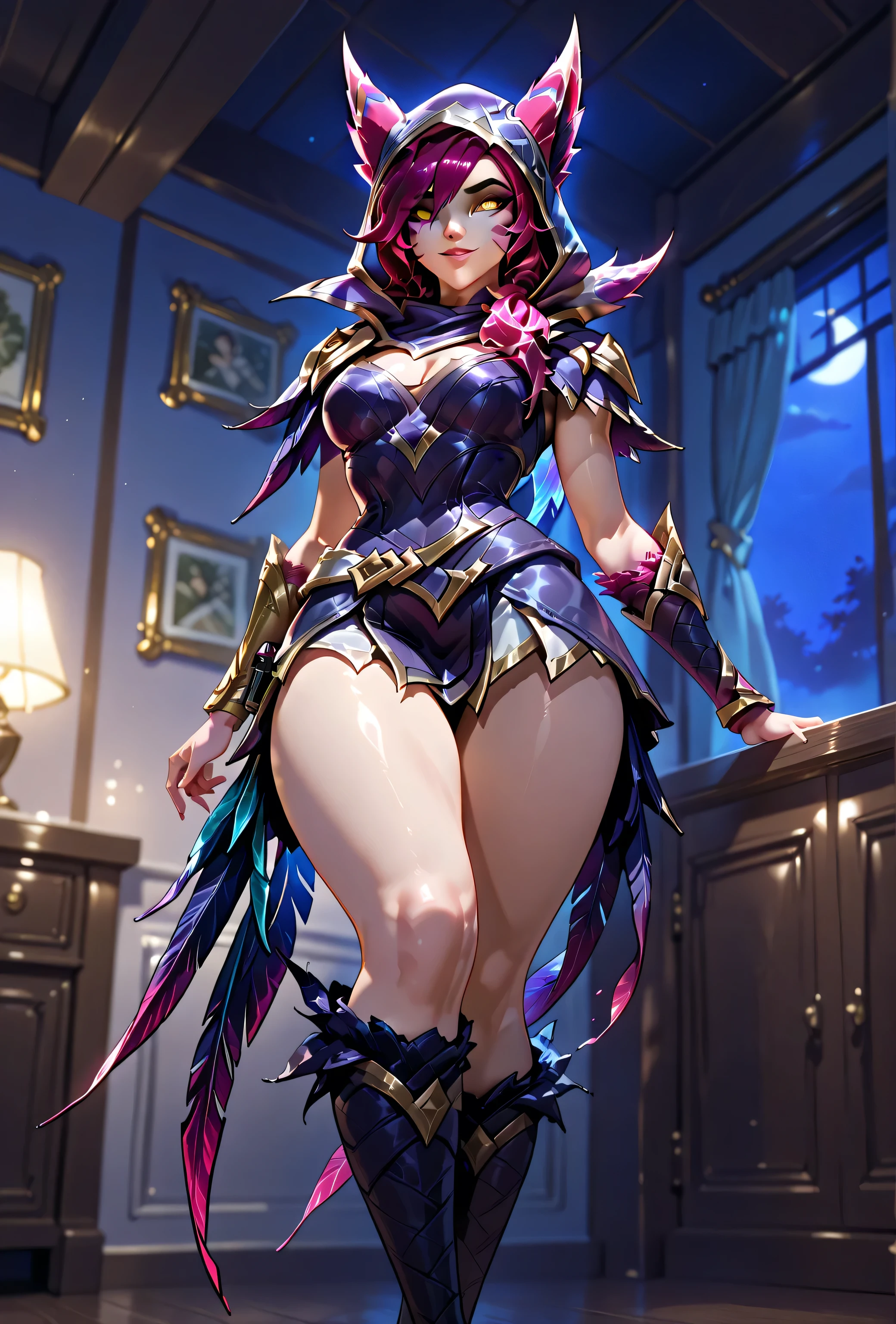 sharp_LASCALAE, ultra sharp focus, tools, more_details_x l, details:1.5, anime, ((1girl Xayah, (League of Legends)),(((House, Interior, night)) ),((Detail)),((Illustrations, Artgerm)),(Really, sense of reality:1.4),(perfect lighting, lensing, extremely detailed artgerm) ,(Golden eyes:0.6), (dress made of armor with harpy feathers), (Realistic details), (Realistic photo), (Perfect body structure), ((sittinagical, Magnificent, artwork:1.3)), (Perfect Face), (Oval Face), ((Highly Detailed Face)), (Shaded Face), (Seductive Expression, smiling ), (Lemon Breasts), (Heart Butt), ((Thick Thighs)), ((Big ass)), ((Cleavage)), (harpy legs), (Detailed background: 1.2), (illustration:1.4), (masterpiece: 1.4), (masterpiece, best quality:1.4), (High definition), ((Perfect fingers, Better hands, Perfect hands, Perfect legs, Perfect feet)), (Symmetric body and face), (Amazing lighting), (3 Renders), ((More details , improve)), ((((She assumes a dynamic pose, engagingly bracing against a structure within the scene in an exciting way. She assumes a dynamic pose while interacting, bravely leaning against a structure, leaning back in an exciting way)))), ((Aperture: f/2.0)), ((Depth of Field: Medium)), ((Angle of 3 /4)), ((Lens: 24mm wide-angle)), (close-up:1.2)), (modern and sophisticated custom interior design, UHD), | black view