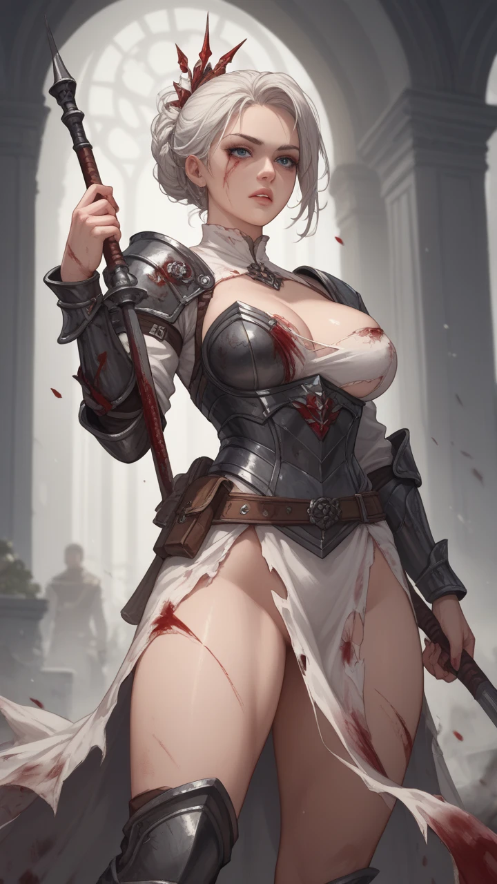 4k highly detailed realistic digital extremely high quality RAW photograph, a portrait photo of margot robbie, torn clothes, armored pauldrons, fangs, curled horns, big breasts, ((snow and blood)), epic, hyperrealistic, hyperrealism, 8k, cinematic lighting, greg rutkowski, wlop, (f1.8 short focus bokeh), muscular