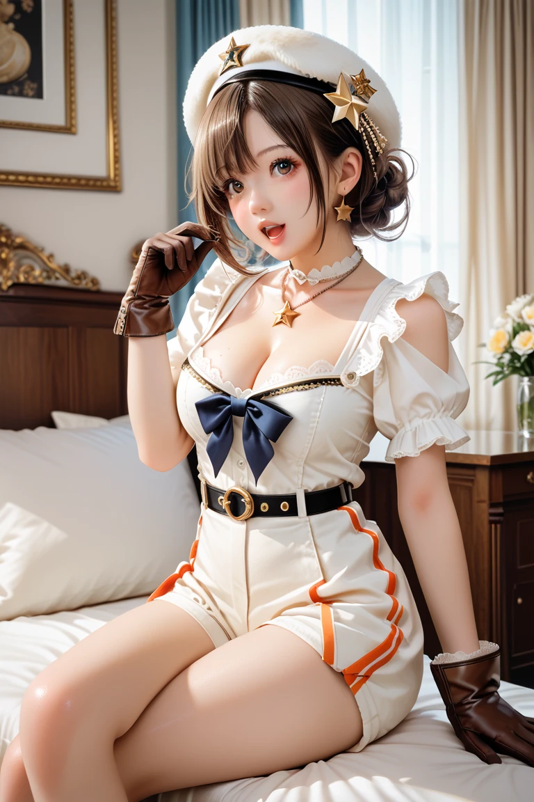 Plutia, ((Sitting)), ((Full body display, full-body shot)), ((Full breasts, Single bare shoulder)), Sweet maiden, sweet smile, Variety of slim and cute beauties, Multi-colored hair，Striped hair，Cross Bangs，Messy hair，Colored contact lenses，Flower-shaped pupil，make up，shy，Blush，Parted lips，Heavy breathing，moan，torogao，Surrealism，Realism，Movie Lighting，Relief，Sony FE GM，Retina，masterpiece，precise，Anatomically correct，Textured Skin，Super Detail，High Detail，best quality，Beautiful dance dynamics, Bright pastel colors, Visible cleavage, Pretty and beautiful, Sexy long legs, Ethereal,Mixing reality and fantasy elements, Complex patterns, rich and colorful