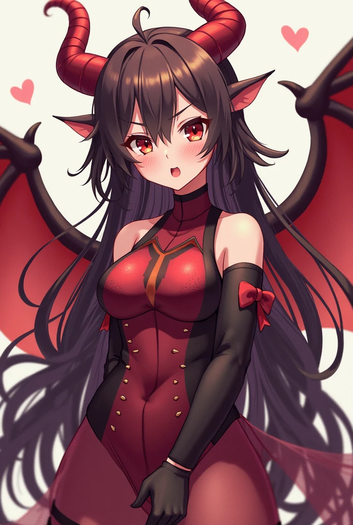 Demon girl with red skin, black horns, completely black eyes, straight black hair, muscular, purple eyes, demon tail, Red skin
