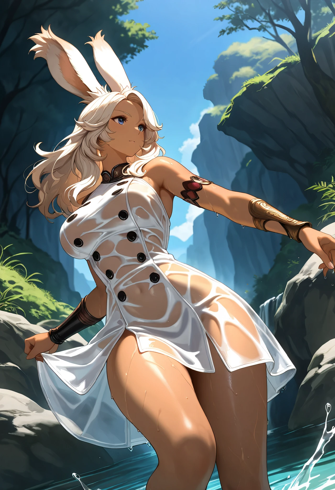 NSFW, anthro, furry, wide hips, looking at you, cute, white hair, teal eyes, blushing, furry art, masterpiece, transparent background, flowers on e621, feline, white ears, pink hair, tail, pink tail, tail on body, tail lifted, darkskin, white hair. staff, weapon, fantasy, bikini armor, knee high socks, gloves