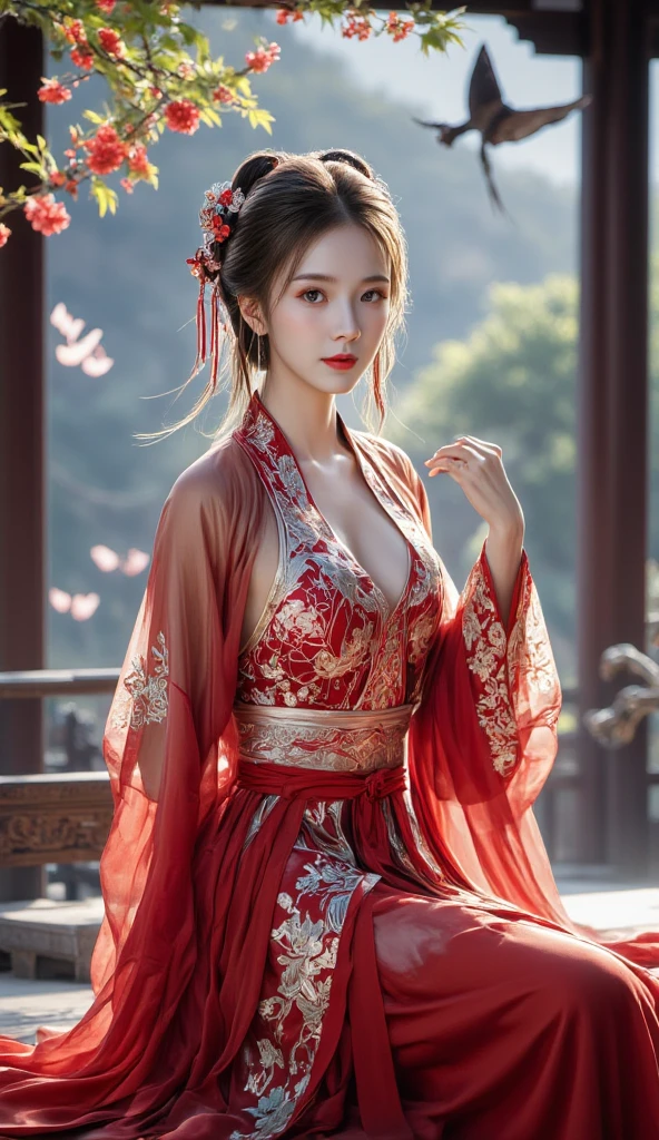 Woman in red lingerie sitting on bed，wearing red robe，Open V chest clothes，Asiaet.Goddess Wang Yiting，wearing sexy lingerie，traditional china，18 years old，Charming and alluring，穿著紅色cheongsam，Chinese clothing，beautiful exotic, interesting costumes, Chinese traditional clothing, Gorgeous Chinese model, Hanfu, cheongsam，Bellyband