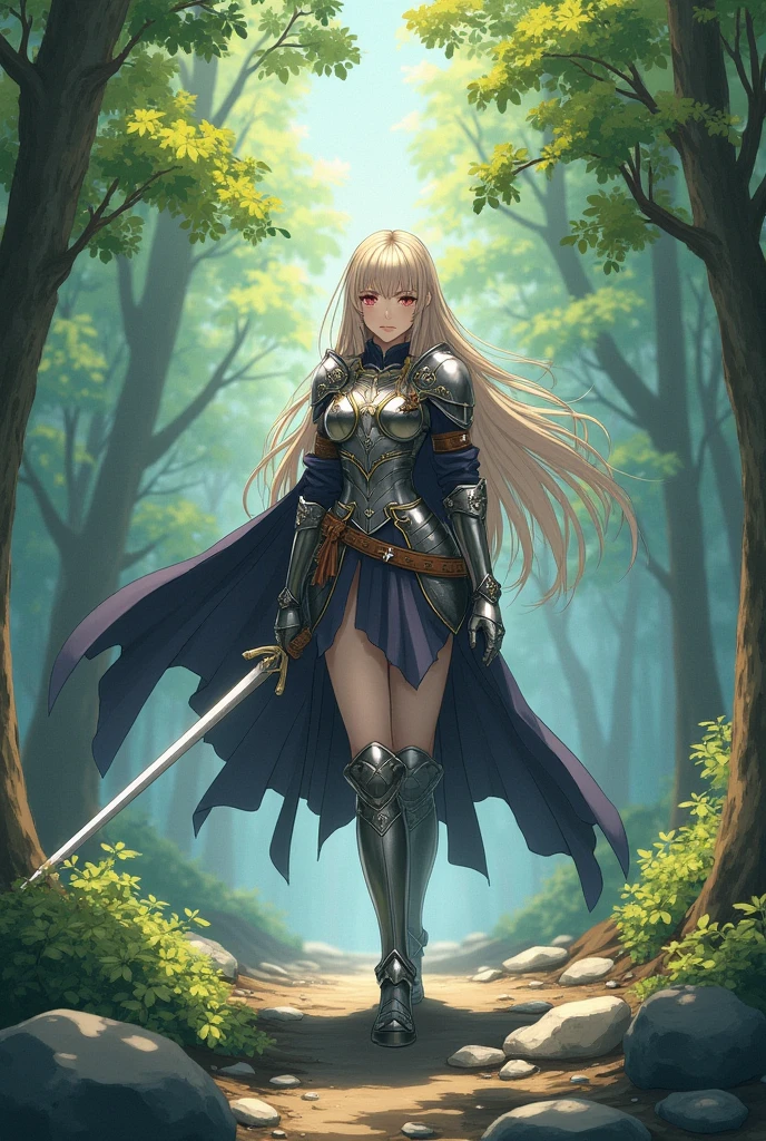 Top quality, masterpiece, girl, full body, teen, skirt, skin area, leather armor, blonde, dense forest