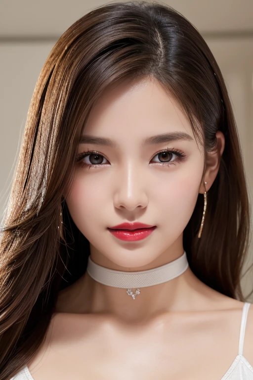 highest quality, Ultra-high resolution, (Realistically:1.4),Jewel Girl,One girl, Have long curly hair,Looking into the distance,Huge cleavage,Cropped red sweater,atmosphere,Beautiful woman with slim figure:1.4, Abdominal muscles,Ultra-fine face,A sophisticated eye,double eyelid,Choker Necklace