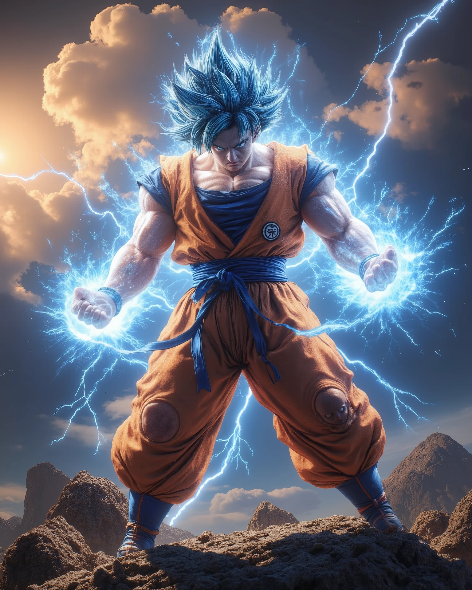 (masterpiece, best quality, ultra-detailed, 4K resolution, hyper-realistic anime:1.3),
Goku from Dragon Ball Z, wearing his iconic orange and blue gi, with a determined expression,
in a dynamic flying pose, charging a massive Kamehameha energy blast in his hands,
glowing blue energy radiating from his body, surrounded by a fiery aura,
epic lightning bolts crackling in the background,
standing on a floating rock in the middle of a stormy sky,
dark clouds with golden light breaking through,
intricate details on clothing and hair, cinematic lighting,
vibrant colors, soft focus, depth of field, highly detailed background, 4K wallpaper