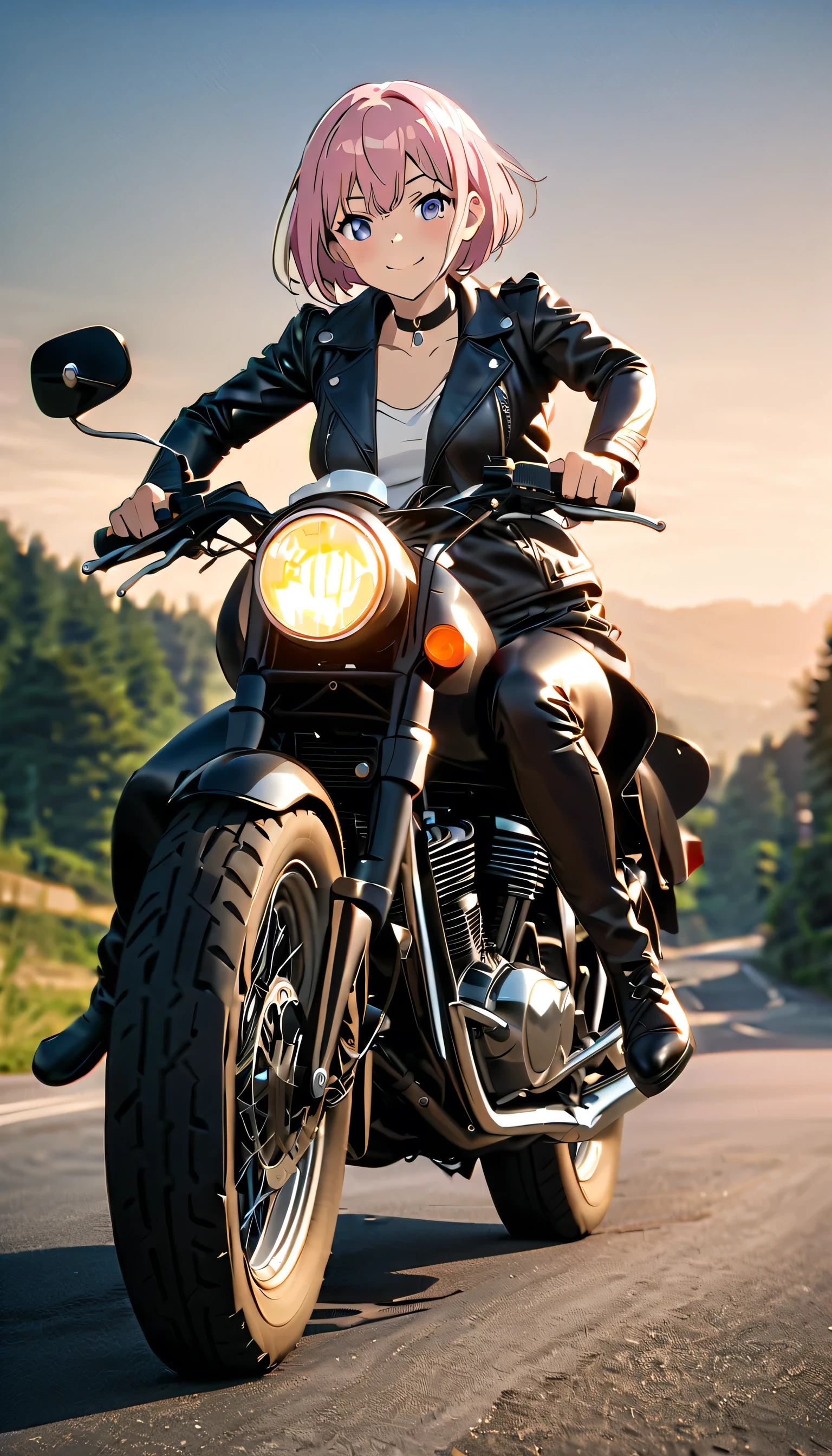 (Highest quality, 4K, 8k, High resolution, masterpiece:1.2), Very detailed, Picturesque, Anime-style photos, Photo animation:1.37)、Japanese、(Pink Hair)、(Pixie Cut)、smile、Black choker、leather jacket、Leather pants、Riding a vintage motorcycle、whole body、Nakano Ichika