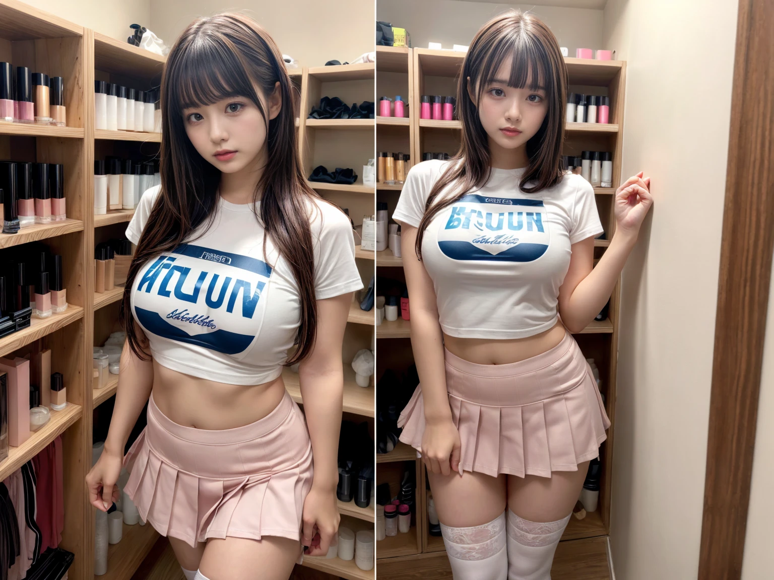 White and Bright Red, (Masterpiece 8K TopQuality:1.2) (ProfessionalPhoto:1.37) ExtremelyDetailed (((FullBody, KAWAII girl with HUGE boobs:1.37)) in (WHITE cotton T-shirt dress:1.28) with (LifeSize her Rialistic portrait printed on it:1.37)) detailed (Delicate cotton textures) ((Studio Dark GRAY Background) with (Oodles Dazzling Neon Color Particles:1.32)) BREAK (((NOGIZAKA FaceVariations))), Extremely Detailed (very KAWAII Face), Childish CaptivatingGaze Stunning ParfectEyes ElaboratePupils with (SparklingHighlights:1.28), DoubleEyelids with (Detailed Voluminous LongEyelashes:0.88), Small GlossyRedLips with BeautifulDetails, CoquettishTongue, PUNIPUNI RosyCheeks, Radiant PearlSkin with Transparency, Glowing DowneyHair . { (Dynamic Joyful expressions LifeLike Rendering:1.4) | (:d) }, (large eyes:-1) .