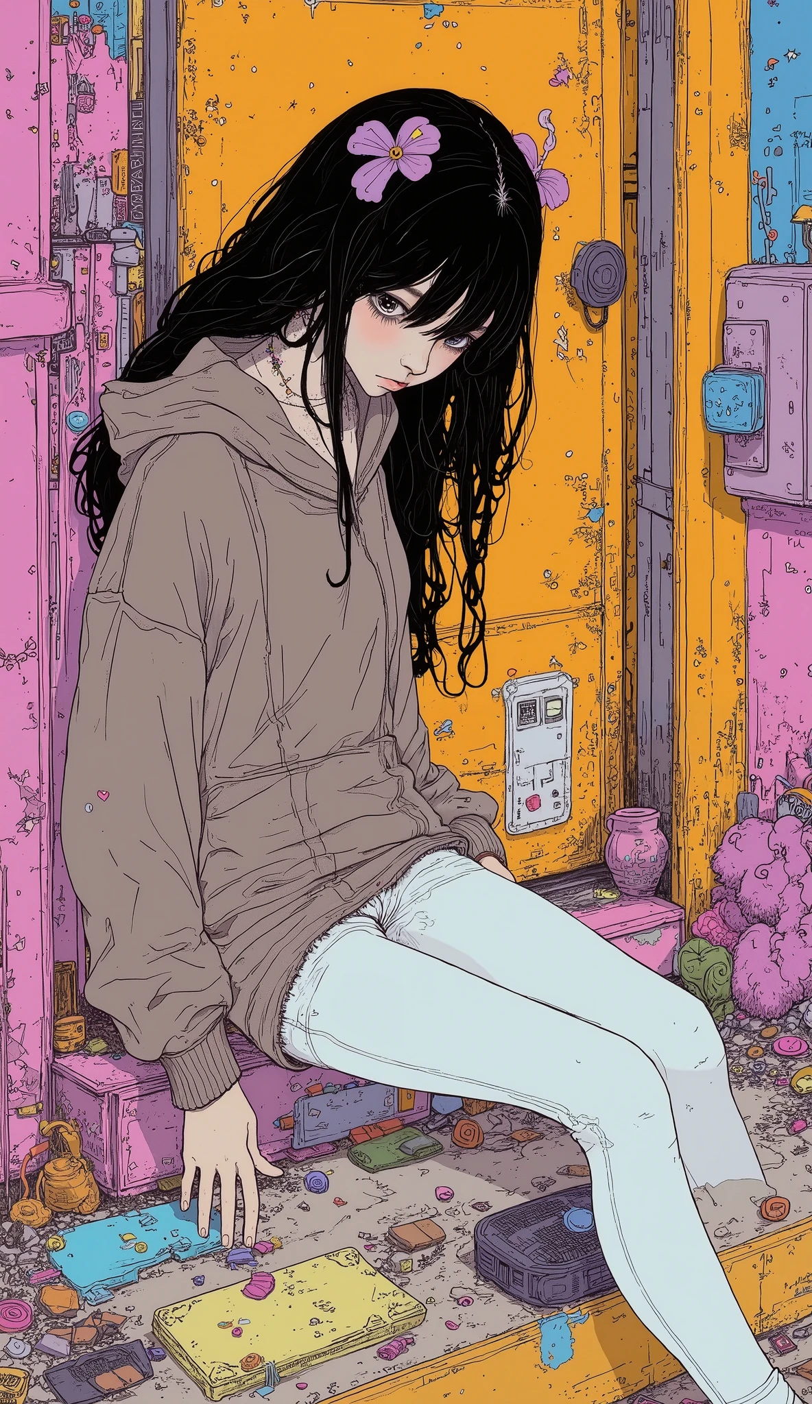 Anime girl sitting on a step with a phone in her hand - SeaArt AI